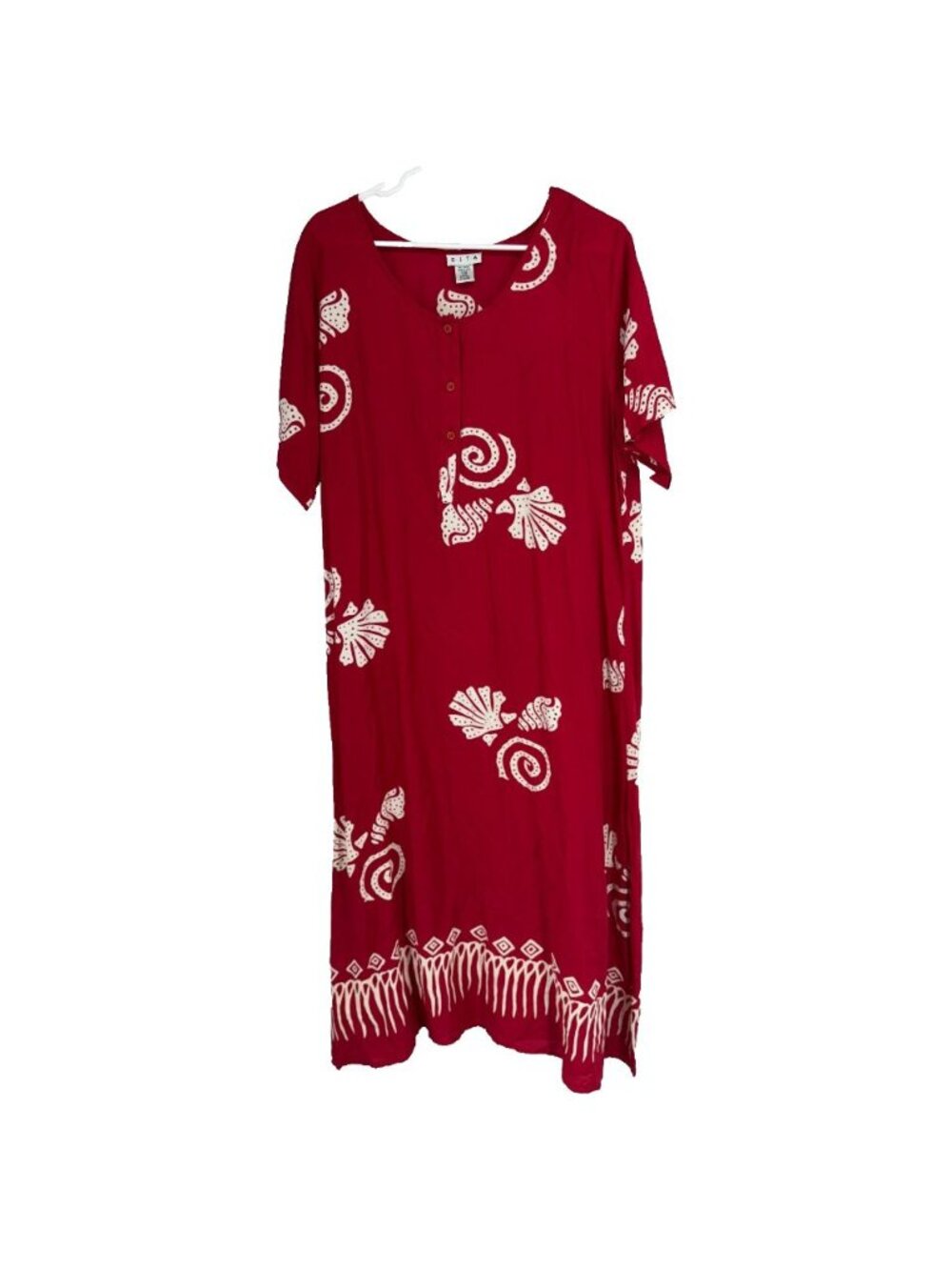 SITA Women 2X Maxi Dress Tropical Beach Vacation Red Seashell Short Sleeve Light